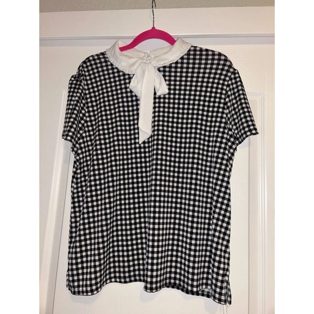 CeCe black white gingham check puff sleeve Peter Pan collar sissy bow shirt XL